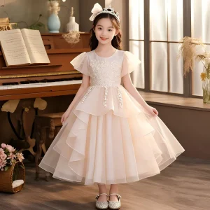 Little Girls Summer O-Neck Princess Dress for Birthday Party Piano Performance