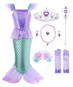Little Mermaid Costume for Kids Halloween Cosplay Princess Dress with Necklace, Jewelry, and Wig