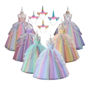 Long Flower Girl Tulle Party Dress with Applique Rainbow Unicorn Design and Headband