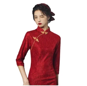 Long Red Bridal Qipao Long Sleeve Wedding Dress for Women Factory