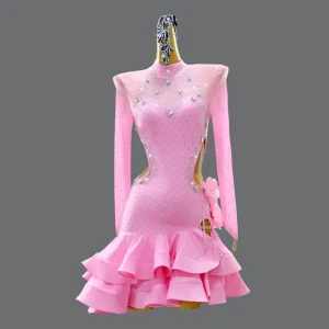 Long Sleeved Mesh Girls Latin Dance Dress Rhinestone Children’s Ballet Dance Costumes Women Competition Performance Costumes