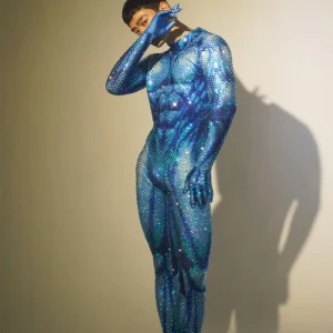 Long Sleeves Men Rhinestone Jumpsuits Festival Outfit Halloween Muscle Drama Show Performance Rompers Male Spandex Bodysuits