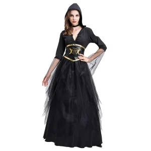 Luolan Women’s Hooded Witch Costume Long Gothic Dress for Halloween Stage Performance & Cosplay Polyester