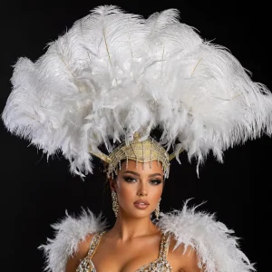 Luxury Handmade White Ostrich Feather Headdress For Carnival Samba Dance Showgirl Stage Costume