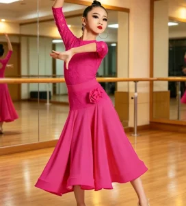 Magenta Lace Latin Dance Leotard with Skirt Sets Big Swing Mesh Lyrical Tango Samba Waltz Dancing Stage Costume Dress for Girls