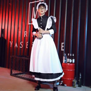 Maid Cosplay Costume, Lolita Lace Dress, Gothic Black and White Long Style Outfit for Men and Women