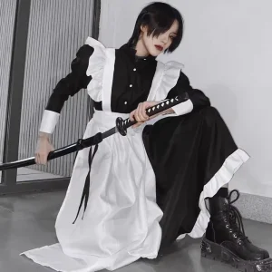 Maid Costume Cosplay Restaurant Coffee Shop Workwear Black and White Plaid Sweet Lolita Dress