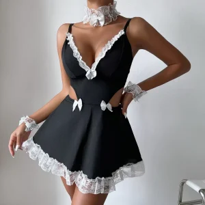 Maid Sexy Costume House Maid Uniform Women’s Sexy Lingerie Sleepwear Lace Satin Nightdress Short Night Backless Dress Luxury