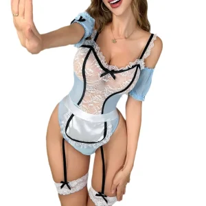 Maid Uniform Lingerie Spandex 3D Embroidery Breathable Lightweight Bow Stockings 2-Piece Set