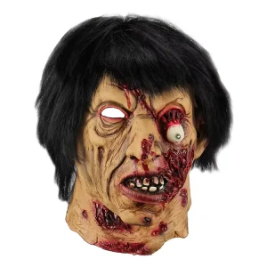 Male Corpse Zombie Latex Mask with Black Hair and Rotting Head Design for Halloween Costume