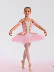 Matte Pink Spandex With Gold Embroidered Appliques Ballet Tutu Dance Costumes