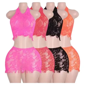 Maxsun Dancing Outfits Dancewear Two Piece Set Rhinestones Decorated Fringe Dance Costume Fishing Net Exotic Dance Costume