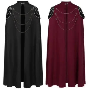Medieval European Royal Cloak With Padded Shoulders Beaded Chain and Hooded Cape