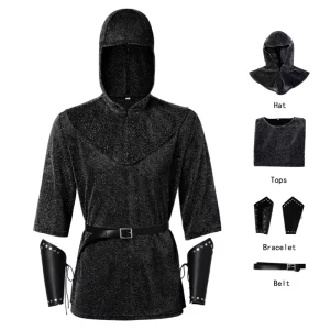 Medieval Faux Chainmail Knight Tunic Costume Set with Hood and Belt Renaissance Warrior Outfit Halloween Cosplay
