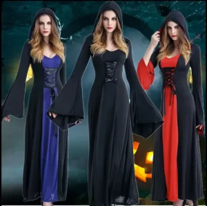 Medieval Gothic Vampire Witch Hooded Dress Costume