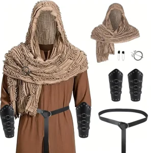 Medieval Hooded Scarf and Tunic Costume Set with Bracers