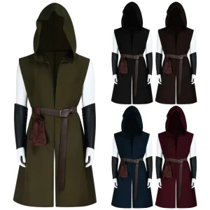 Medieval Hooded Sleeveless Tunic with Belt and Arm Guards Renaissance Ranger Assassin Cosplay Costume Set