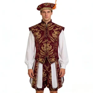 Medieval King Renaissance Tudor King Costume Men Embroidered Vest Pumpkin Pants Set with Hat