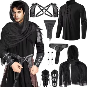 Medieval LeatherMen’s Renaissance Costume Set Pirate Shirt Viking Shawl Belt Shoulder Armor Sword Bag for Cosplay Viking LARP