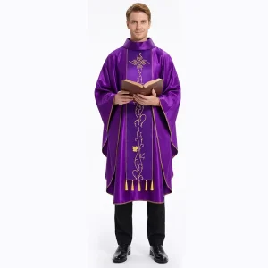 Medieval Priest Chasuble for Men Embroidered Gold Tassel Satin Liturgical Robe Renaissance Church Clergy Gown Outfit