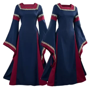 Medieval Renaissance Court Dress with Square Collar Lace Trim High Waist and Slim Fit