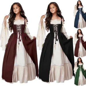 Medieval Renaissance Retro Dress Halloween Costumes With Square Neck & Tied Waist Europe US Featuring Anime Character Set