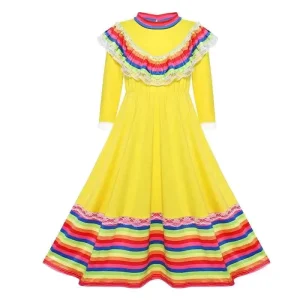 Medieval Retro Mexican Ethnic Dress Spanish-style Large Skirt Stage Performance Costume Dancing Dress for Girls