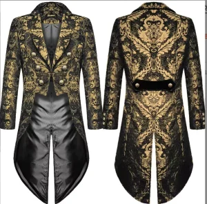 Medieval Steampunk Gothic Tailcoat Jacket Renaissance Gold Black Jacquard Fabric Damask Wedding Blazer Coat Halloween Costumes