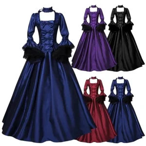 Medieval Victorian Lace Patchwork Gothic Court Maxi Dress Square Neck Flare Sleeve Halloween Costume