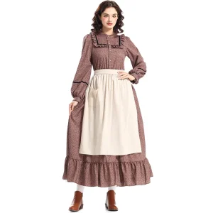Medieval Victorian Pioneer Set Halloween Brown Pastoral Floral Long Dress Praire Colonial Princess Costumes