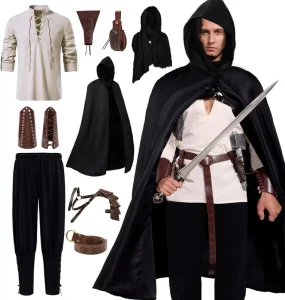 Medieval Viking LARP 10-Piece Men’s Renaissance Costume Set with Pirate Shirt and Ankle-Banded Pants