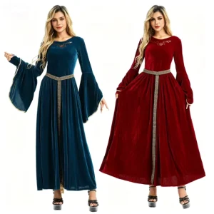 Medieval Vintage Velvet Court Dress Renaissance Bell Sleeve Halloween Cosplay Maxi Dress