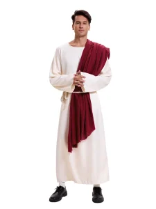 Men Ancient Roman Robe Costume Polyester Long Tunic Burgundy Sash Biblical Theme Theater Stage Wear
