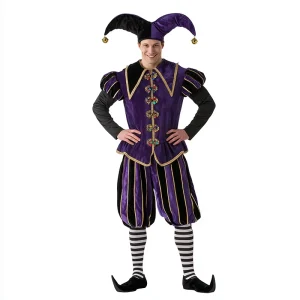Men Deluxe Medieval Court Jester Costume Purple Velvet Halloween Carnival Fancy Dress With Bell Hat