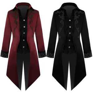 Men Embroidery Medieval Steampunk Tailcoat Vintage Victorian Gothic Jacket Frock Coat Halloween Costume