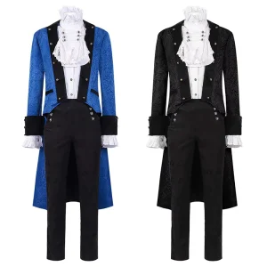 Men Vintage Medieval Renaissance Victorian Edwardian Overcoat Lapel Collar Long Trench Shirt Pants Set Costume MDEC 035