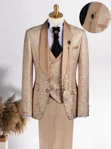 MenSingleBreastedShawl Lapel Jacquard Suit 3 Piece Formal WeddingTuxedo Men Luxury Floral Pattern Party Blazer WaistcoatPantsSet