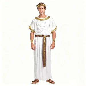 Men’s Ancient Greek Toga Costume White Roman Emperor Robe with Gold Trim Laurel Wreath & Accessories Halloween Cosplay