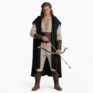 Mens Archer Halloween Costume Medieval Hooded Cloak Tunic Trousers Bracers Belt Boots Bow Fantasy Cosplay Carnival Party Set
