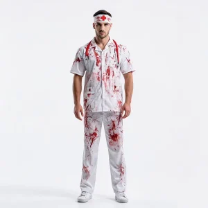 Men’s Bloody Zombie Doctor Costume Scary Blood Splattered Medical Uniform Outfit Halloween Horror Cosplay Costume for Adults