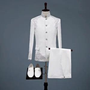 Men’s Chinese-Style Embroidered Zhongshan Suit, 100% Polyester, for Stage Performance