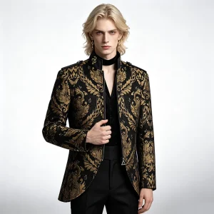 Mens Elizabethan Renaissance Cutaway Jacket Gold Brocade Damask Slim Fit Tailcoat Royal Nobleman Stage Cosplay Costume