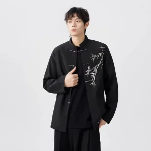Men’s Embroidered Chinese Style Casual Wedding Suit Traditional Tang Suit with Stand Collar