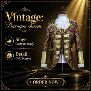 Men’s European Prince Vintage Renaissance Court Suit 3-Piece Set Floral Printed Noble Gown