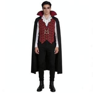 Men’s Gothic Vampire Costume with Black Cape, Red Stand Collar and Waistcoat