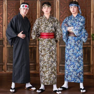 Men’s Japanese Traditional Kimono Robe Samurai Uniform Yukata Cosplay Costume