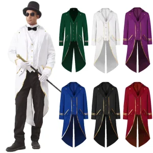 Men’s Medieval Gold Trim Tailcoat Evening Gown Stage Performance Costume Formal Banquet Themed Party Dress up Outfit