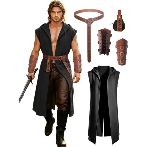 Men’s Medieval Hooded Sleeveless Long Tunic Set with PU Leather Belt Bracers and Pouch