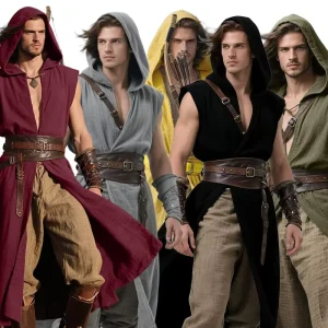 Men’s Medieval Hooded Surcoat Renaissance Knight Tabard Sleeveless Tunic Cloak Costume Halloween Cosplay Vest
