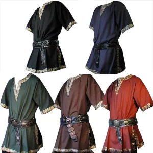Men’s Medieval Knight Warrior Costume Green Tunic with Norman Chevalier Braid Viking Pirate Saxon LARP Top Fancy Dress Cloak